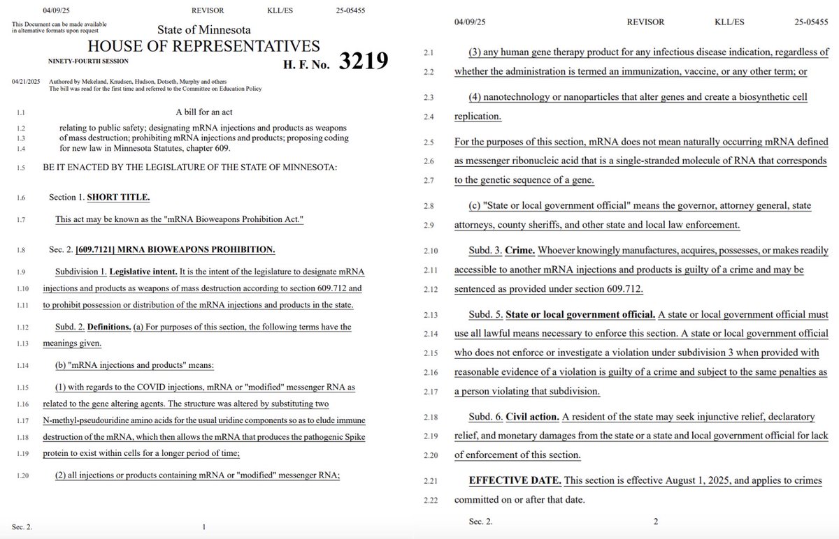 🚨BREAKING — Minnesota Files Bill HF3219 to Designate mRNA Injections as Biological Weapons of Mass Destruction

📜 HF3219 invokes § 609.712 — state bioweapons statute

⚠️ Criminal penalties for possession, distribution, or failure to investigate

⚖️ Classification as bioweapon