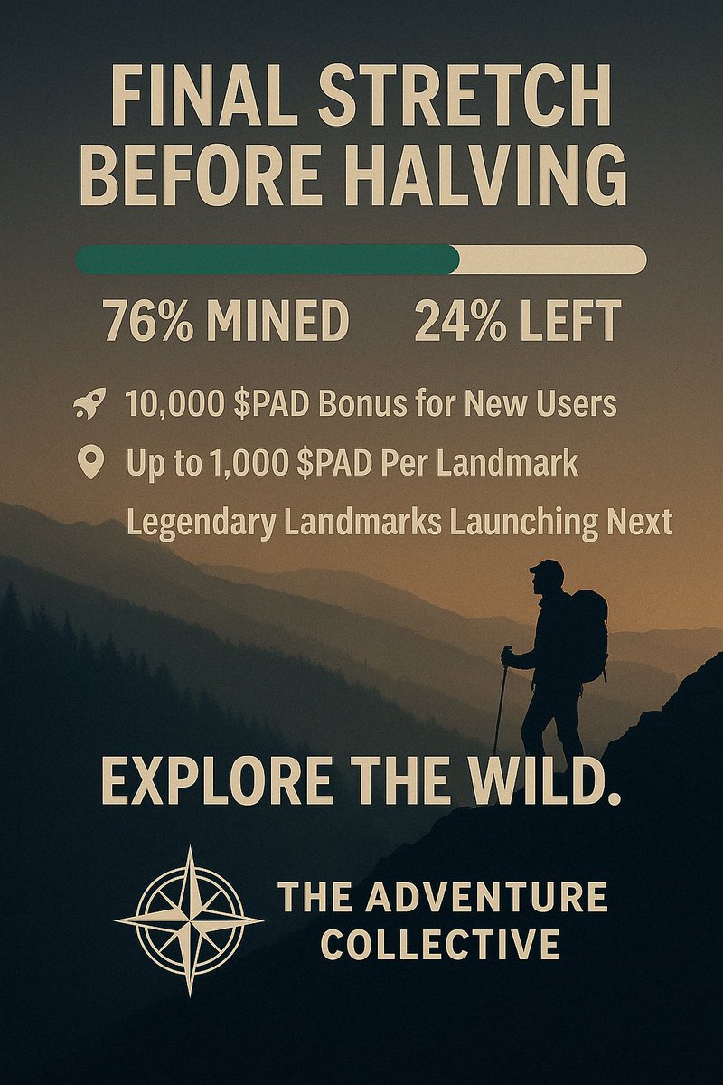 76% Mined. 24% Left In Phase 1.

$PAD is vanishing fast and more new adventure landmarks are being added all the time.

🌎 Users are mapping the wild. 🧭 10,000 bonus $PAD for first-time adventurers. 🏞️ Up to 1,000 $PAD per landmark after that. 📍Legendary Landmarks and Adventure