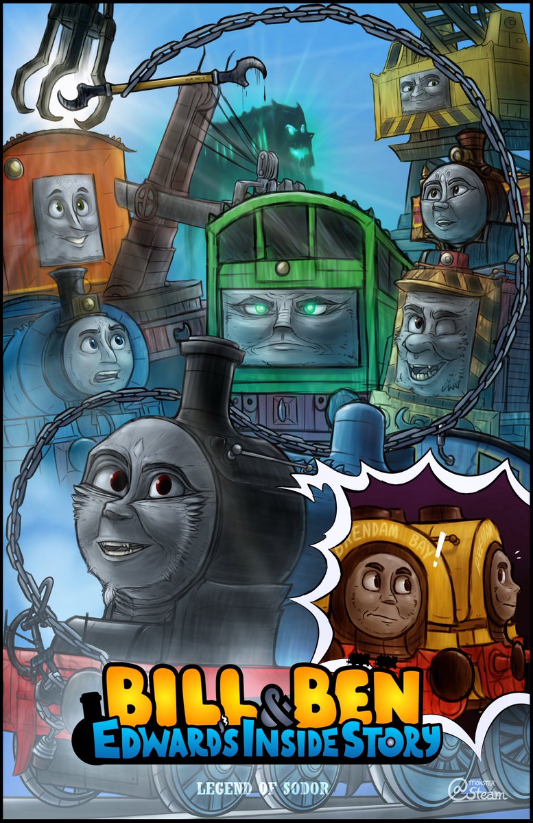 SteamieMonster's tweet image. Story where Edward is ‘kicked out’ of his own branch line after it gets ransacked and weaponized against him. He finds Diesel abusing a machine cloning him + his colleagues, cooperates with the twins to stop him, and saves his home in the process