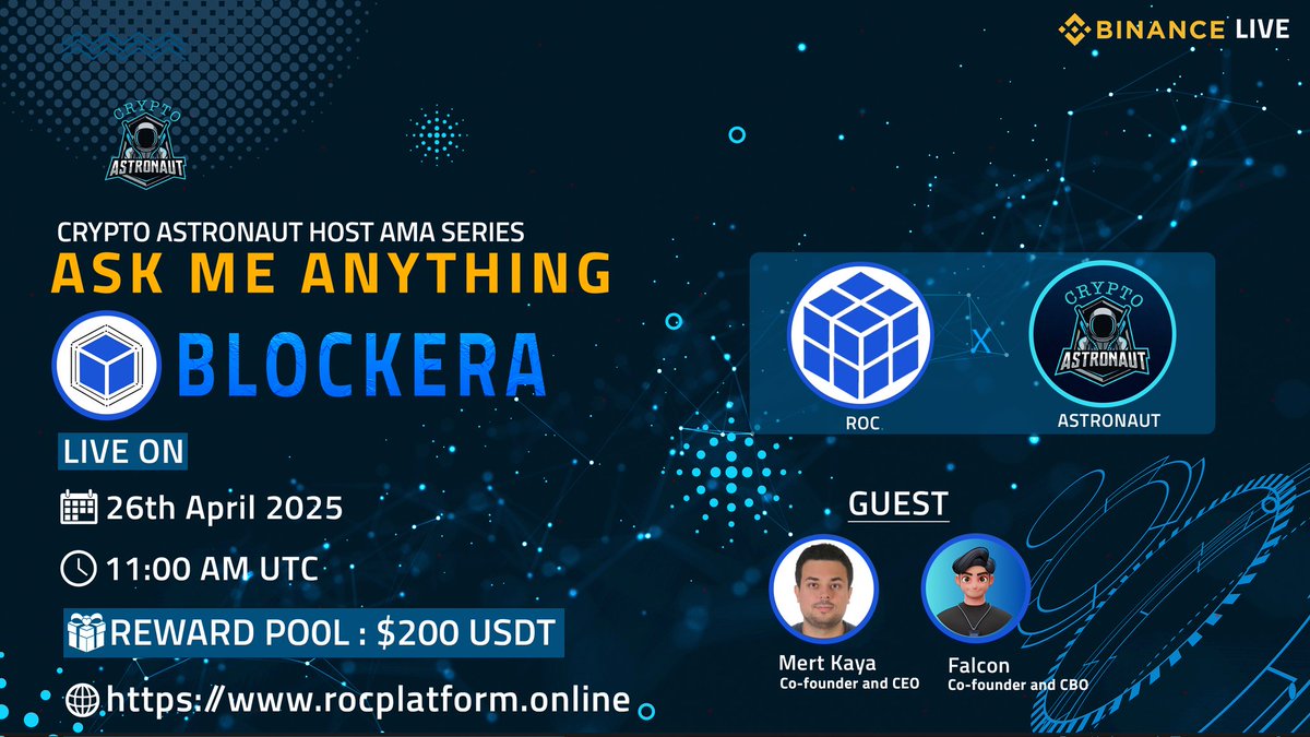 CryptoAs_TW's tweet photo. We are pleased to Announce our next AMA! With #BLOCKERA
๐ถ๐๐๐ก๐๐ก๐๐ ๐๐๐ฉ๐ ๐ถ
๐Reward: $100 USDT
๐ Venue: https://t.co/x0PLlzhsZg
๐Date: 26th April 2025
๐Time: 11:00 AM UTC
๐ฐRules
Follow @CryptoAs_TW & @blockera_online & @roc_platform
๐ Like,Retweet & Follow & Comment