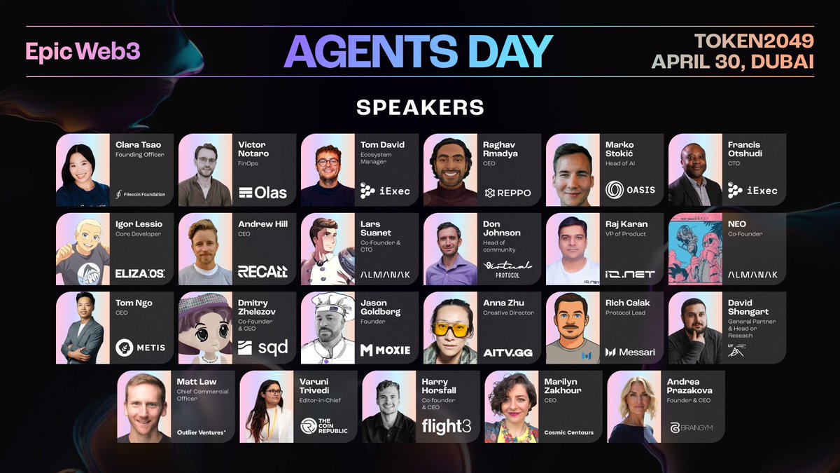 ⚡️ Agents Day is coming in hot — April 30, Dubai

If you're heading to Token2049, don’t miss the biggest side event dedicated to the rise of AI agents. One packed day of real insights, no fluff.

Expect sharp keynotes and panels on:
– What makes AI agents trustworthy
– How