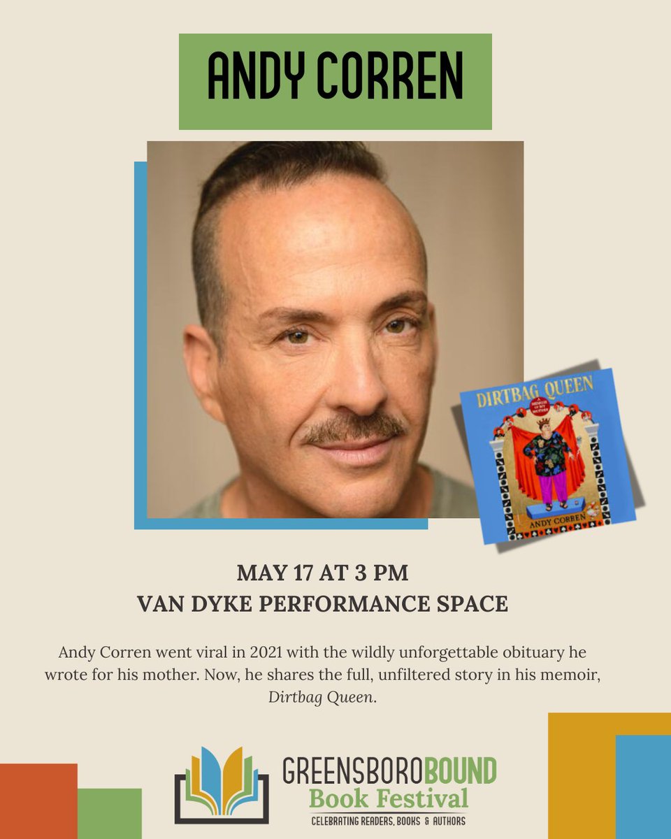 Get ready for a wildly funny and heartfelt afternoon with Andy Corren at #GreensboroBound! His memoir Dirtbag Queen is a hilarious, no-holds-barred tribute to his unforgettable mother.

#greensboroboundbookfestival #visitgreensboro