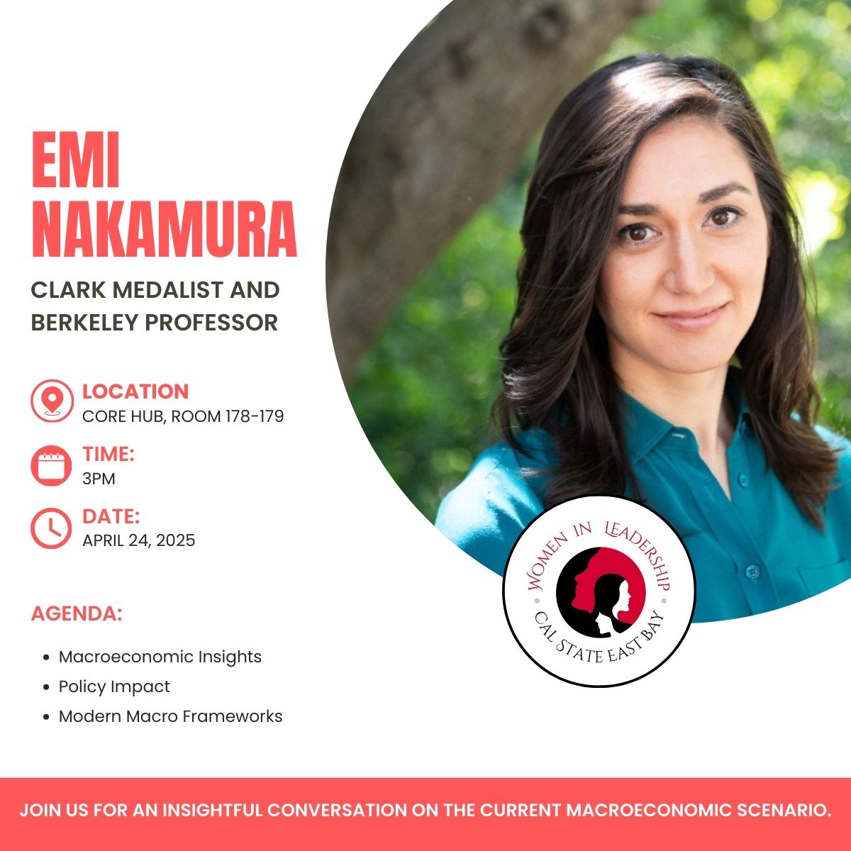 Join us for an engaging discussion on today’s macroeconomic landscape with one of the most influential economists of our time - Emi Nakamura!

📅 When: Thursday, April 24 | 🕒 3:00 PM
📍 Where: CORE Hub, Room 178–179

Register: forms.gle/XbtAMfW9AhHZ5G…
 <a href="/WILCSUEB/">Women in Leadership CSUEB</a>
