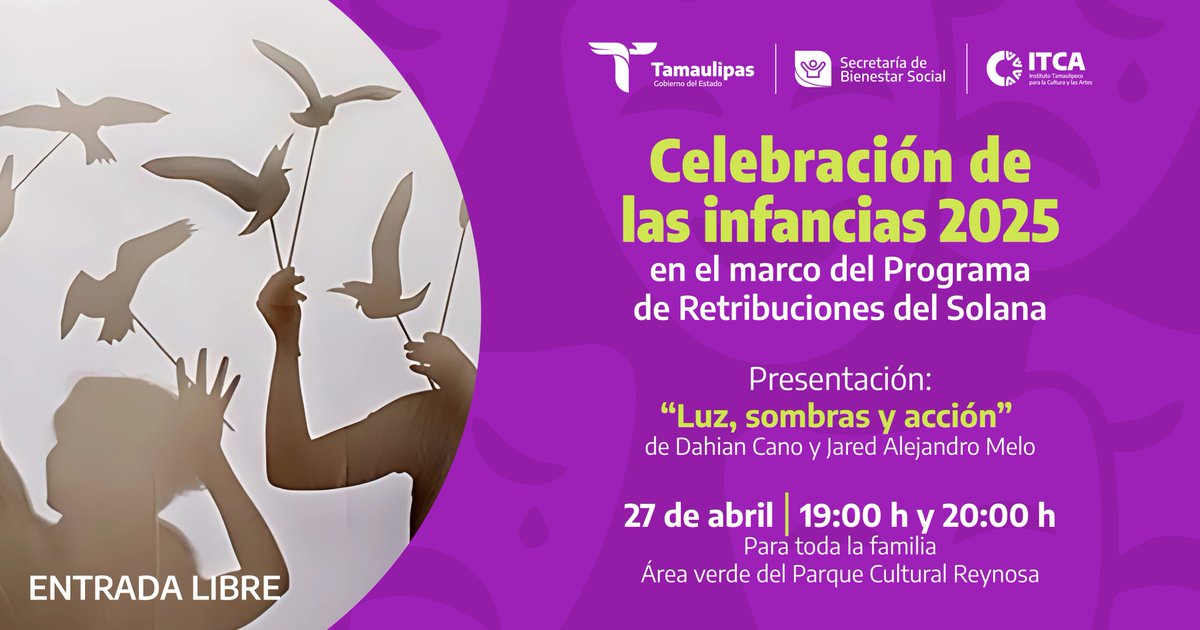 En el marco del Programa de Retribuciones del Solana, llega la celebración de las infancias 2025, en las áreas verdes del Parque Cultural Reynosa:
Luz, sombras y acción
Una presentación de Dahian Cano y Jared Alejandro Melo
27 de abril a las 19:00 y 20:00 h
🎟️ ¡Entrada libre!