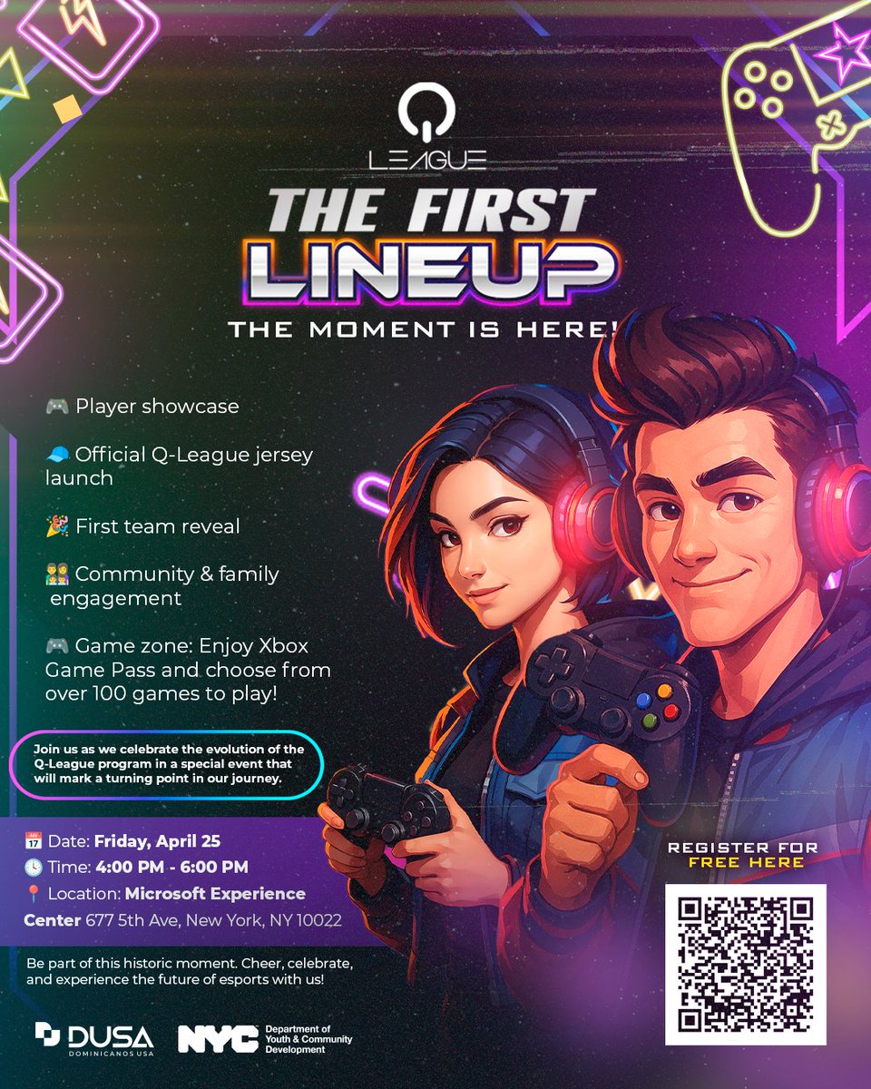 🎉 Ready for our first lineup? Join us Apr 25 at Microsoft Experience Center (677 5th Ave, NYC) for the official <a href="/QLeagueGG/">QLeagueNYC</a> &amp; <a href="/YoSoyDUSA/">Dominicanos USA | DUSA</a> team reveal!
🕹️ Free Play Xbox Game Pass zone
👕 Jersey drop
👪 Family‑friendly fun
🤝 Meet the players
🔗 Register: eventbrite.com/e/qleague-x-du…