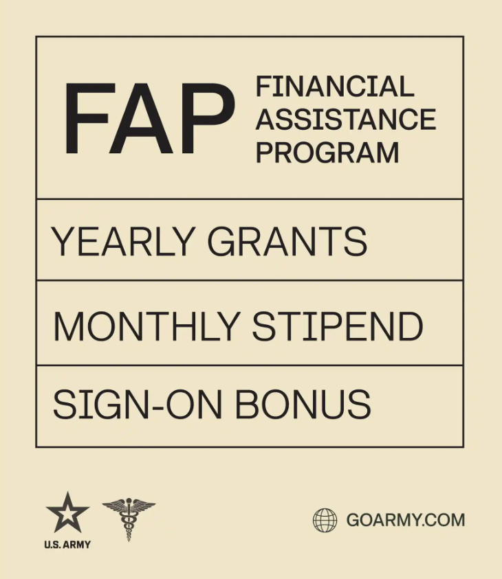🚨 Looking for a job in the Medical field? The Financial Assistance Program (FAP) provides yearly grants and monthly stipends to applicants like yourself.

💰Receive a Monthly Stipend of $2,608
✍️A Sign-on Bonus
💵 Annual grant of up to $45K