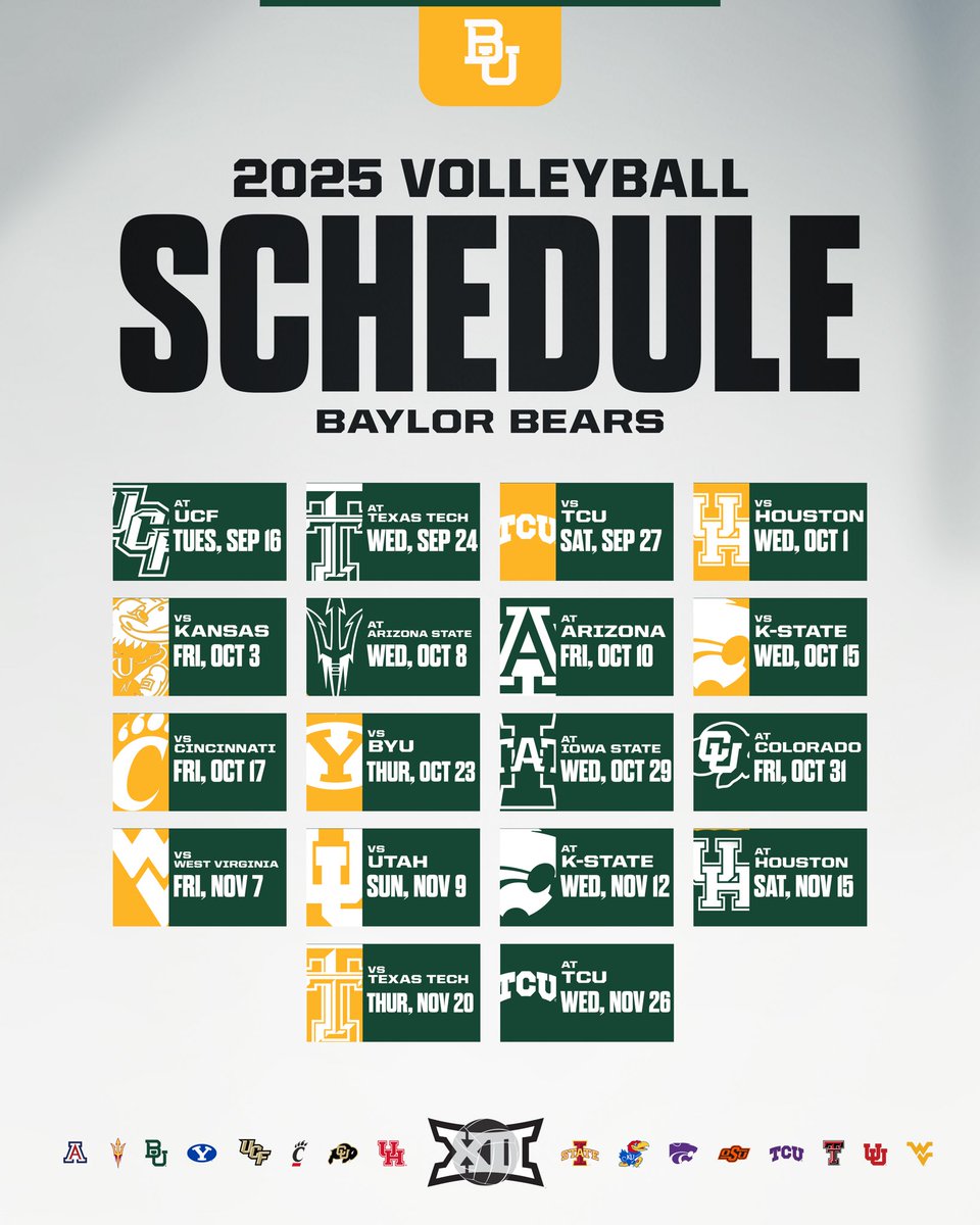 2025 Big 12 Volleyball Schedule Release 🏐🗓️

Baylor Bears | <a href="/BaylorVBall/">Baylor Volleyball</a>