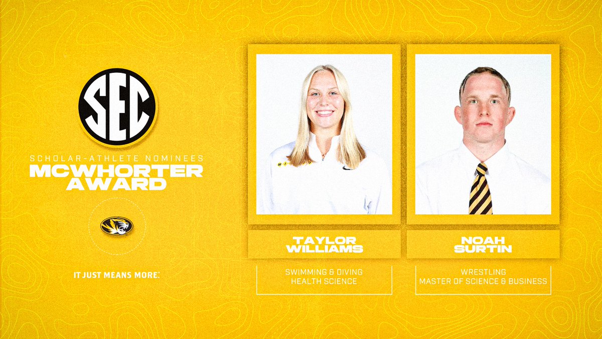 Southeastern Conference (@sec) on Twitter photo ๐ Announcing <a href="/MizzouAthletics/">Mizzou Athletics</a>' nominees for the 2025 H. Boyd McWhorter Scholar-Athlete Post-Graduate Scholarship award!
๐โโ๏ธ Taylor Williams, <a href="/MizzouSwimDive/">Mizzou Swimming & Diving</a>
๐คผ Noah Surtin, <a href="/MizzouWrestling/">Mizzou Wrestling</a>
๐ฏ secsports.social/hbm-miz25 ๐ Announcing <a href="/MizzouAthletics/">Mizzou Athletics</a>' nominees for the 2025 H. Boyd McWhorter Scholar-Athlete Post-Graduate Scholarship award!
๐โโ๏ธ Taylor Williams, <a href="/MizzouSwimDive/">Mizzou Swimming & Diving</a>
๐คผ Noah Surtin, <a href="/MizzouWrestling/">Mizzou Wrestling</a>
๐ฏ secsports.social/hbm-miz25