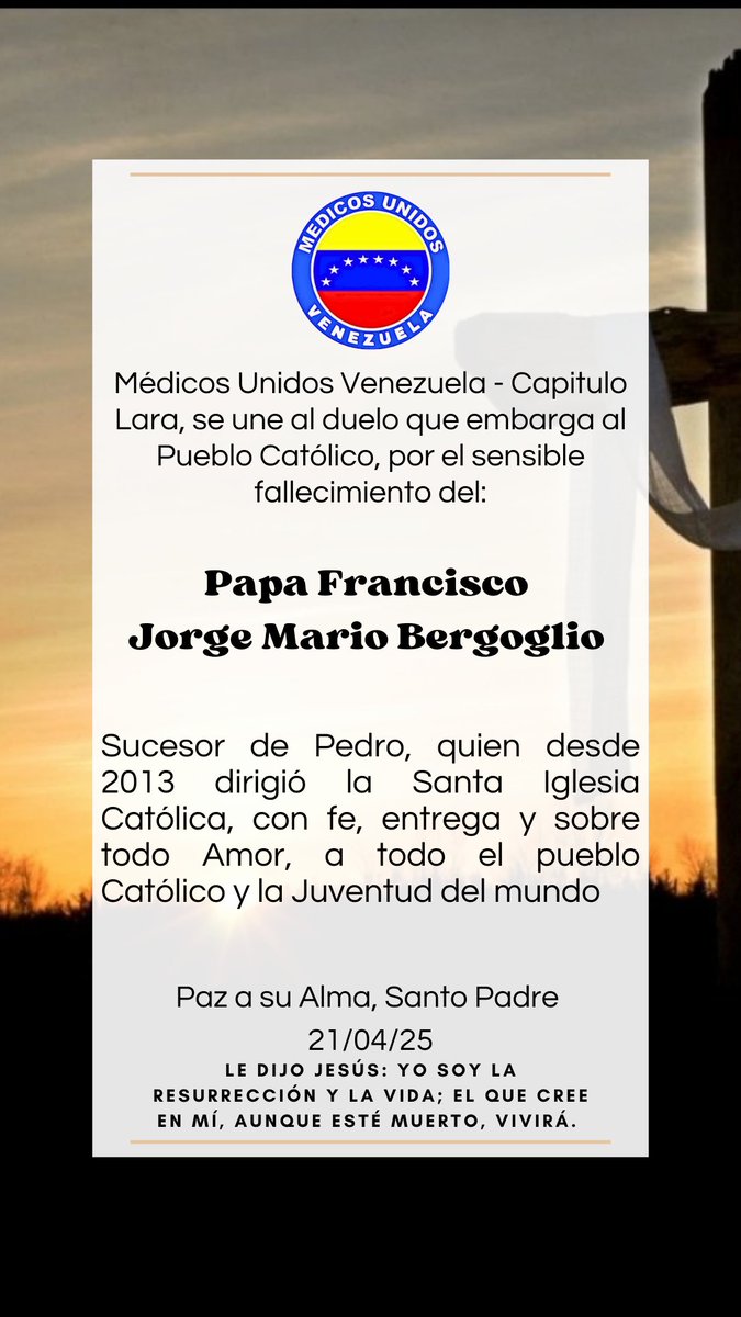 ¡Gracias, Santo Padre!  
#PuebloCatolico #MedicosUnidos #PapaFrancesco #PapaFrancisco #luto
