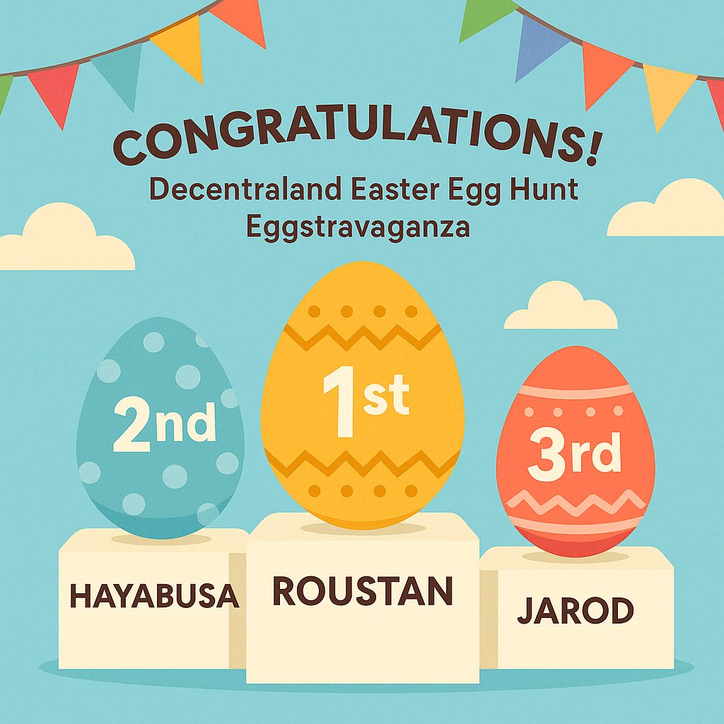 1Existence (@existentialnoho) on Twitter photo Congrats to the winners of the First <a href="/decentraland/">Decentraland</a> Egg Hunt Eggstravaganza! Keep hunting though. More can stuff can be won. Congrats to the winners of the First <a href="/decentraland/">Decentraland</a> Egg Hunt Eggstravaganza! Keep hunting though. More can stuff can be won.
