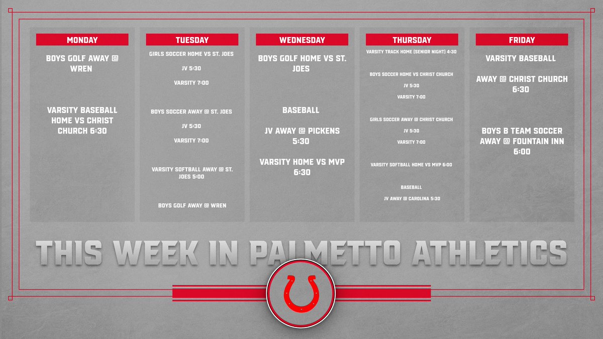 Palmetto Athletics week of April 21st -25th. Lots of changes this week. Varsity Baseball has been moved to tonight and they added a game on Wednesday.  Track has senior night on Thursday.  Go Mustangs!!!