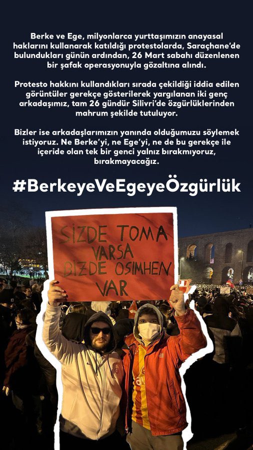 26 gündür Silivri’de tutulan #BerkeyeveEgeyeÖzgürlük istiyoruz.

Anayasal haklarını kullanmak suç değildir.

Kardeşlerimiz yalnız değildir.