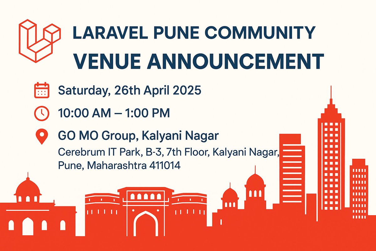 laravel_pune's tweet image. Hello Artisans.
Exciting news! The venue for the Laravel Pune Community — April 2025 Chapter meetup is finalized. Here are the details:
🗓 Date: Saturday, 26th April 2025
🕙 Time: 10:00 AM — 1:00 PM
📍 Venue: GO MO Group, Kalyani Nagar