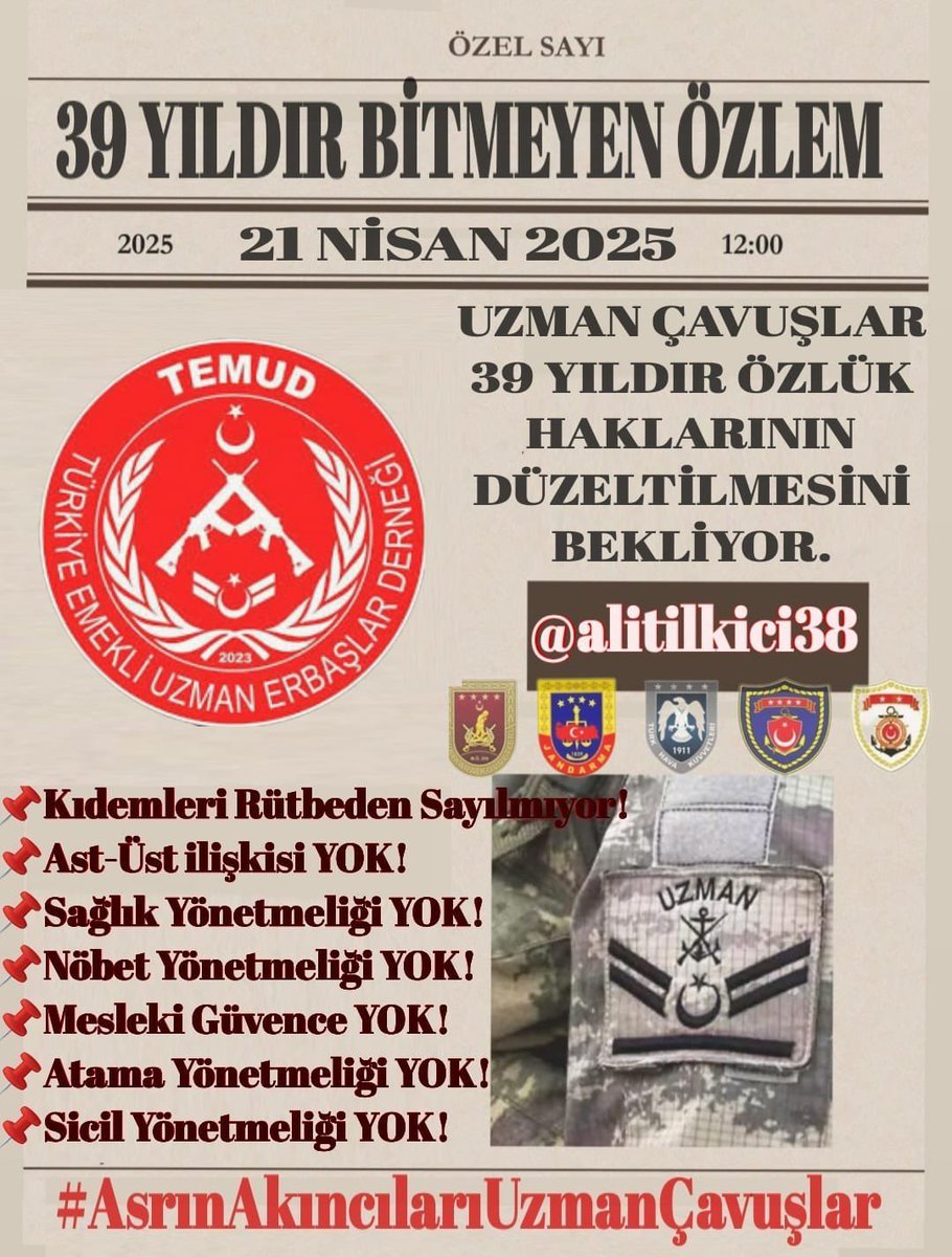 alitilkici38's tweet photo. Uzman Çavuş lara kadro helaldir
Mecburidir.
Herkes adına milli ve manevi sorumluluktur.
Bedeli canıyla ödeyen kanıyla ödeyen nice fedakarlıkları sahneleyen kahramanların sözleşmeli olması ayıptır
Mutlaka telafi ve tamir edilmelidir.

3269 Sayılı Kanunun miadı dolmuştur TBMM kendi iradesiyle 3269 sayılı kanunu tadil eder yeniden yazar 
Profesyonel orduya yakışır bir kanun yapmanın zamanı gelmiştir.
Kahramanların beklentisi bu yöndedir.
#UzmanÇavuş lar ve aileleri bu düzenlemeyi beklemektedir.
#AsrınAkıncılarıUzmanÇavuşlar
@RTErdogan 
@tcsavunma 
@TC_icisleri