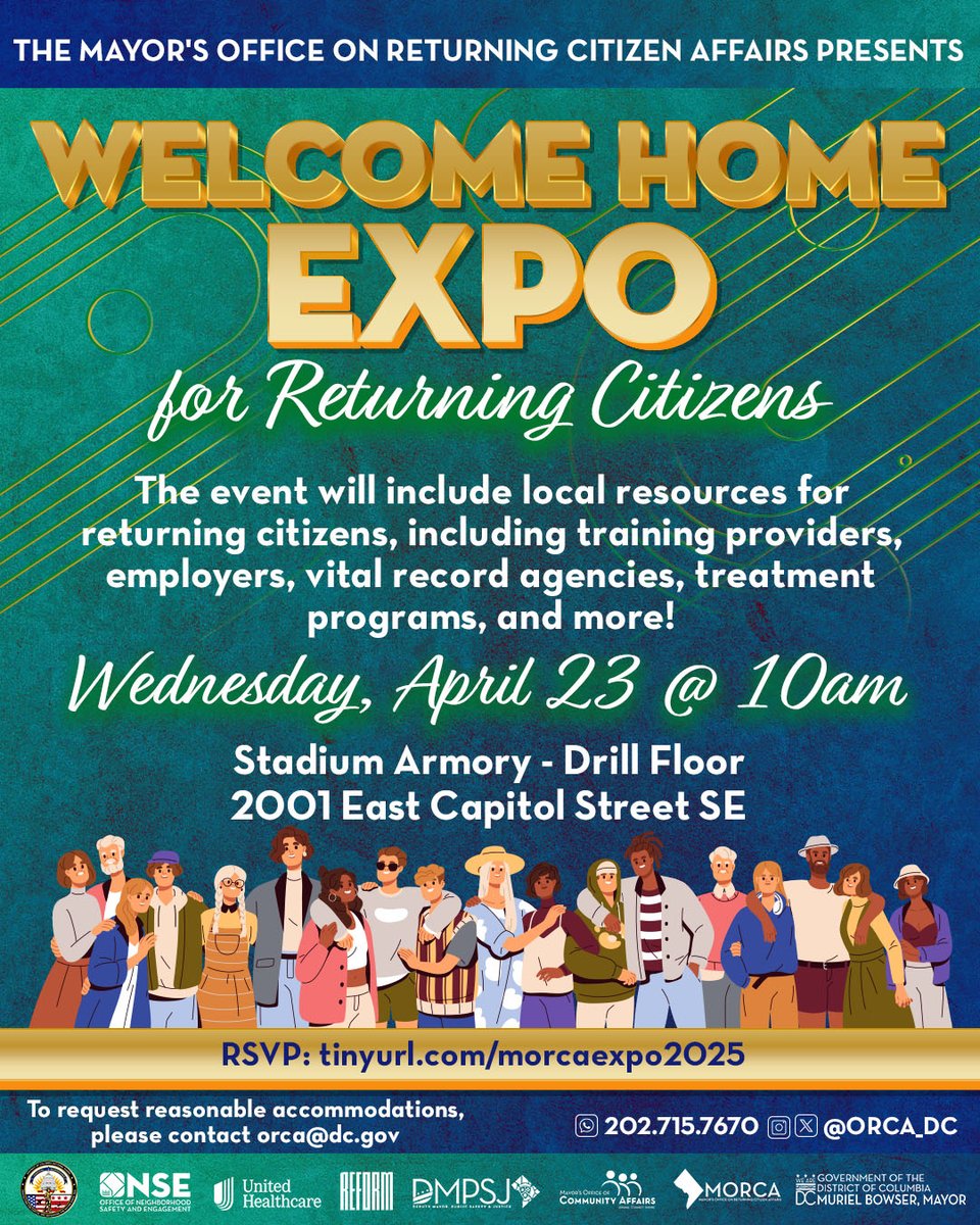 Mayor's Office of Community Affairs (@dcmoca) on Twitter photo It's important for returning citizens to have high-quality support as they reenter the community. That's why <a href="/ORCA_DC/">Mayor’s Office on Returning Citizen Affairs</a> is hosting a Welcome Home Expo—showcasing opportunities, job training, DC Gov resources and panels this Wednesday!
Register🔗tinyurl.com/MORCAExpo2025 It's important for returning citizens to have high-quality support as they reenter the community. That's why <a href="/ORCA_DC/">Mayor’s Office on Returning Citizen Affairs</a> is hosting a Welcome Home Expo—showcasing opportunities, job training, DC Gov resources and panels this Wednesday!
Register🔗tinyurl.com/MORCAExpo2025