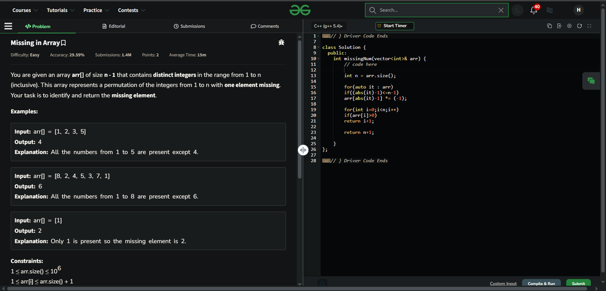hardikagarwal01's tweet photo. Day 159 of GFG 160:Problem Solved : "Missing in Array" Huge thanks to @geeksforgeeks for the fantastic challenge!  #gfg160 and #geekstreak2024 #GeeksForGeeks
@geeksforgeeks https://t.co/brJrE0eT4x