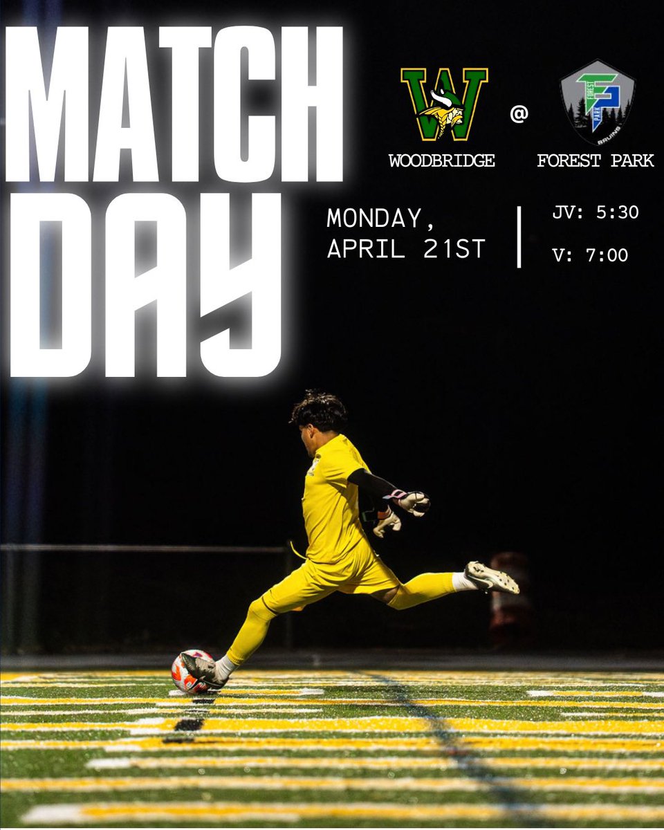 MATCH DAY ‼️
The boys take on the Forest Park Bruins in their first district game back from break!
#vikingsoccer

⚽️ Woodbridge Vikings⠀
🆚 <a href="/FPHSBoysSoccer/">Forest Park Boys Soccer</a> 
📆 4.21.2025
🕔 JV at 5:30; Varsity at 7:00 PM
🏆 Cardinal District  
🎯Forest Park HS