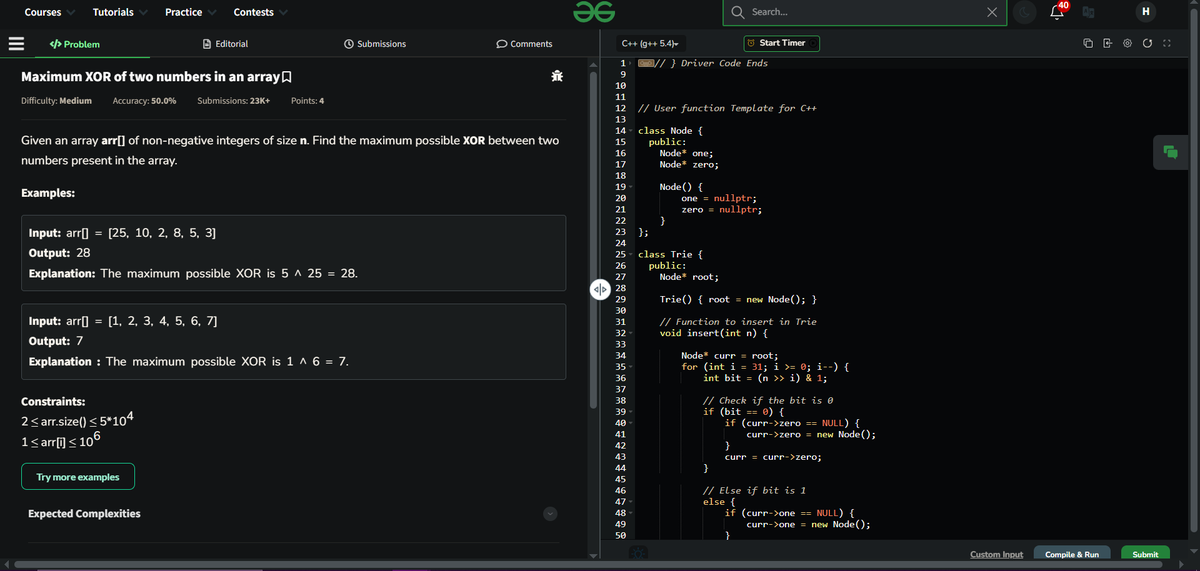 hardikagarwal01's tweet photo. Day 156 of GFG 160:Problem Solved : "Maximum XOR of two numbers in an array" Huge thanks to @geeksforgeeks for the fantastic challenge!  #gfg160 and #geekstreak2024 #GeeksForGeeks
@geeksforgeeks https://t.co/pRjRIhRLvm