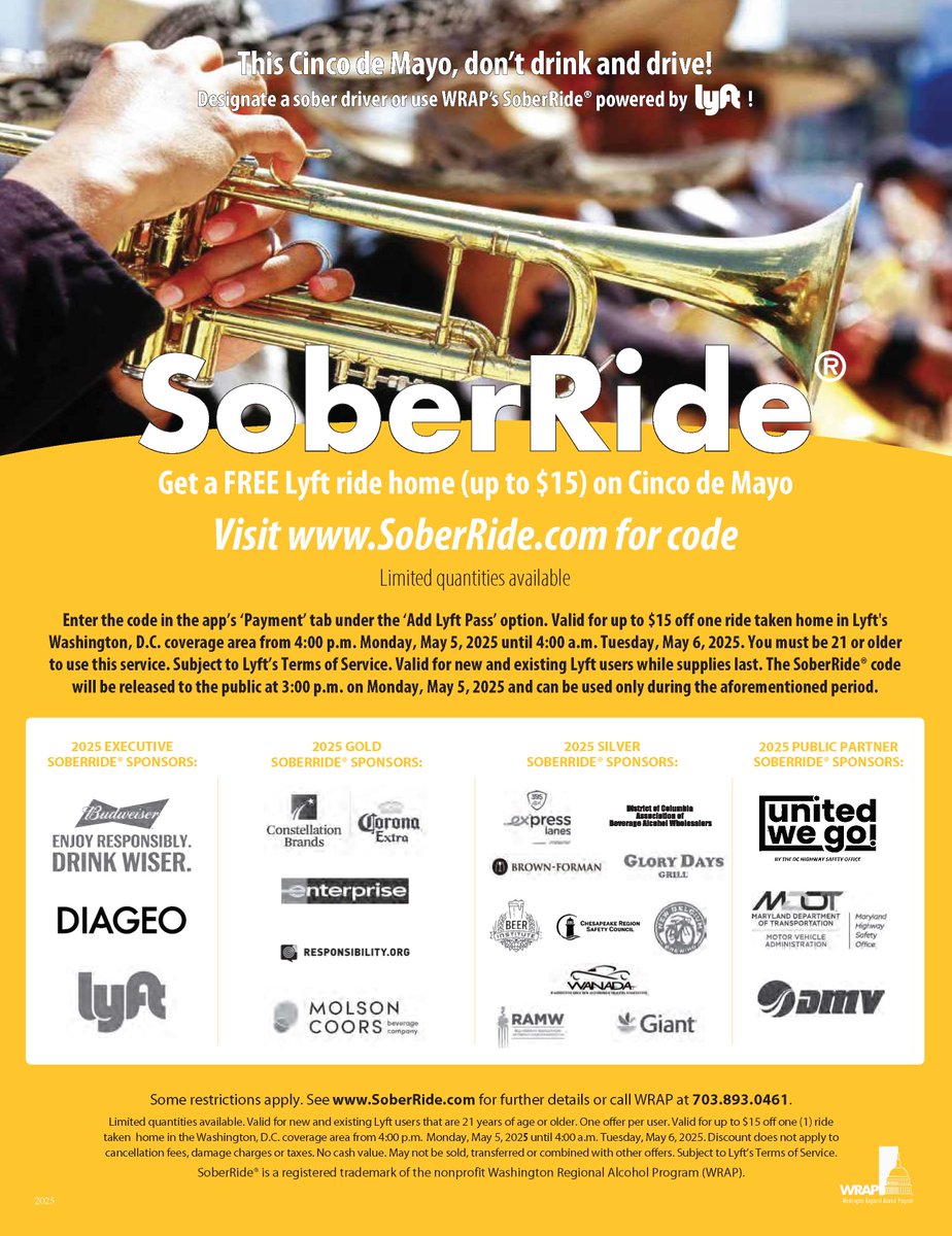 NEWS: Free Cinco de Mayo Lyft Rides throughout Greater Washington to Prevent Drunk Driving 🎊 #SoberRide #VivaSafety wrap.org/free-cinco-de-…