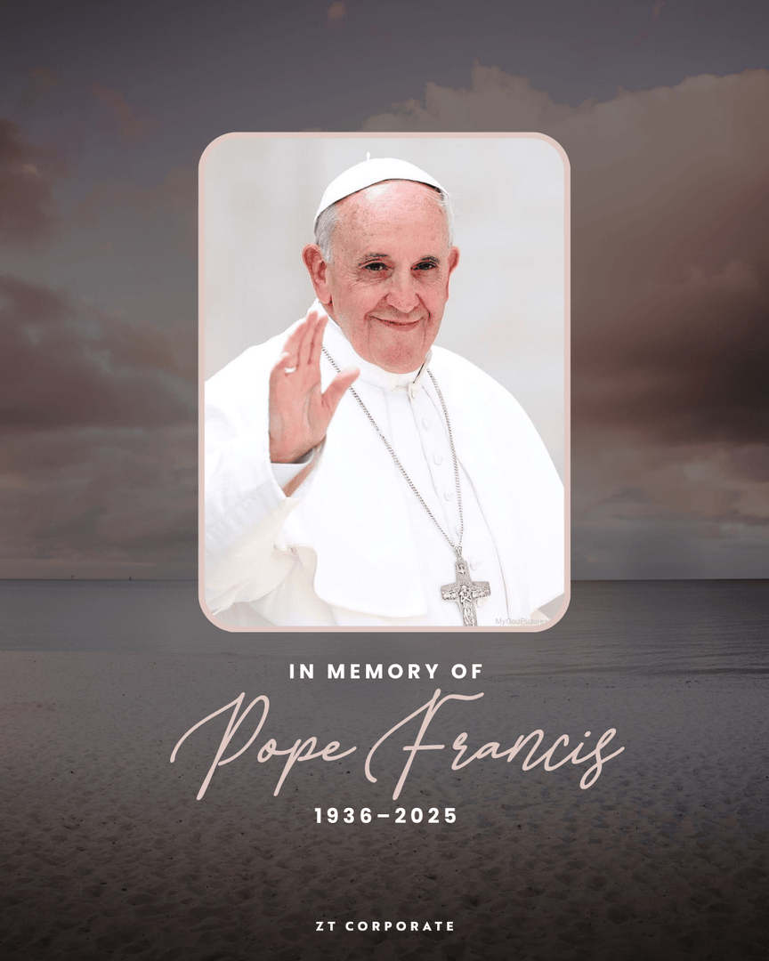 ZTCORPORATE's tweet photo. ZT Corporate joins the global community in mourning the passing of Pope Francis. His unwavering commitment to compassion, peace, and service has left an indelible mark on the world.

#PopeFrancis #InMemoriam #ZTCorporate #LegacyOfLeadership #PeaceAndCompassion https://t.co/BZDqwEVtL8