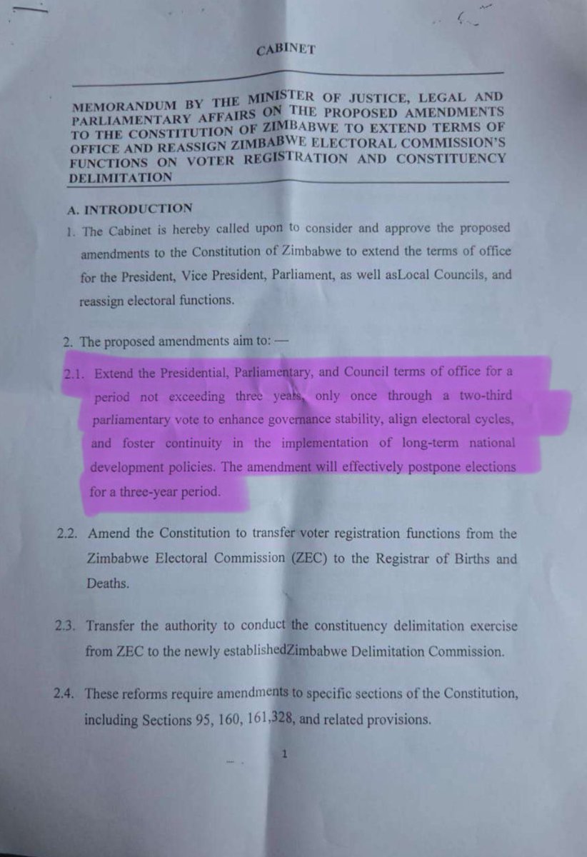 daddyhope's tweet image. PLEASE RETWEET, THIS IS VERY IMPORTANT

This leaked document is a Cabinet memorandum from Zimbabwe’s Minister of Justice, Legal and Parliamentary Affairs, Ziyambi Ziyambi. It proposes undemocratic constitutional amendments with huge implications for Zimbabwe. 
These include…