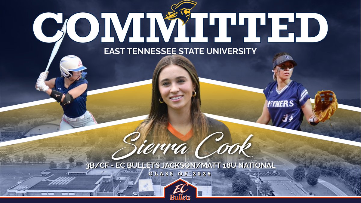 EC Bullets Jackson (@ecb_jackson) on Twitter photo Congrats to <a href="/SierraCook2026/">Sierra Cook 2026</a> on her commitment to <a href="/ETSUSoftball/">ETSU Softball</a>! A big bat who shines in the OF and at 3B, Sierra is headed to East Tennessee State! We wish Sierra and her family the best of luck on this exciting journey! 💙💛 #GoBullets #GoBucs Congrats to <a href="/SierraCook2026/">Sierra Cook 2026</a> on her commitment to <a href="/ETSUSoftball/">ETSU Softball</a>! A big bat who shines in the OF and at 3B, Sierra is headed to East Tennessee State! We wish Sierra and her family the best of luck on this exciting journey! 💙💛 #GoBullets #GoBucs