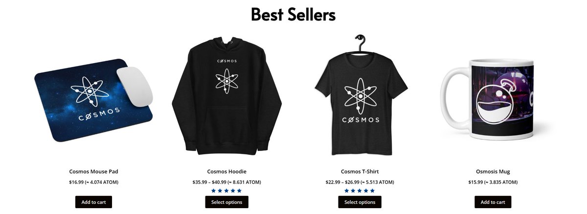 Cøsmos Merch Store ⚛️ (@cosmosmerchs) on Twitter photo You can now see exactly how much each item in our store costs in $ATOM ⚛️
No more guessing, just straight math
Oh, and yes... you can pay in $ATOM too 🚀 You can now see exactly how much each item in our store costs in $ATOM ⚛️
No more guessing, just straight math
Oh, and yes... you can pay in $ATOM too 🚀