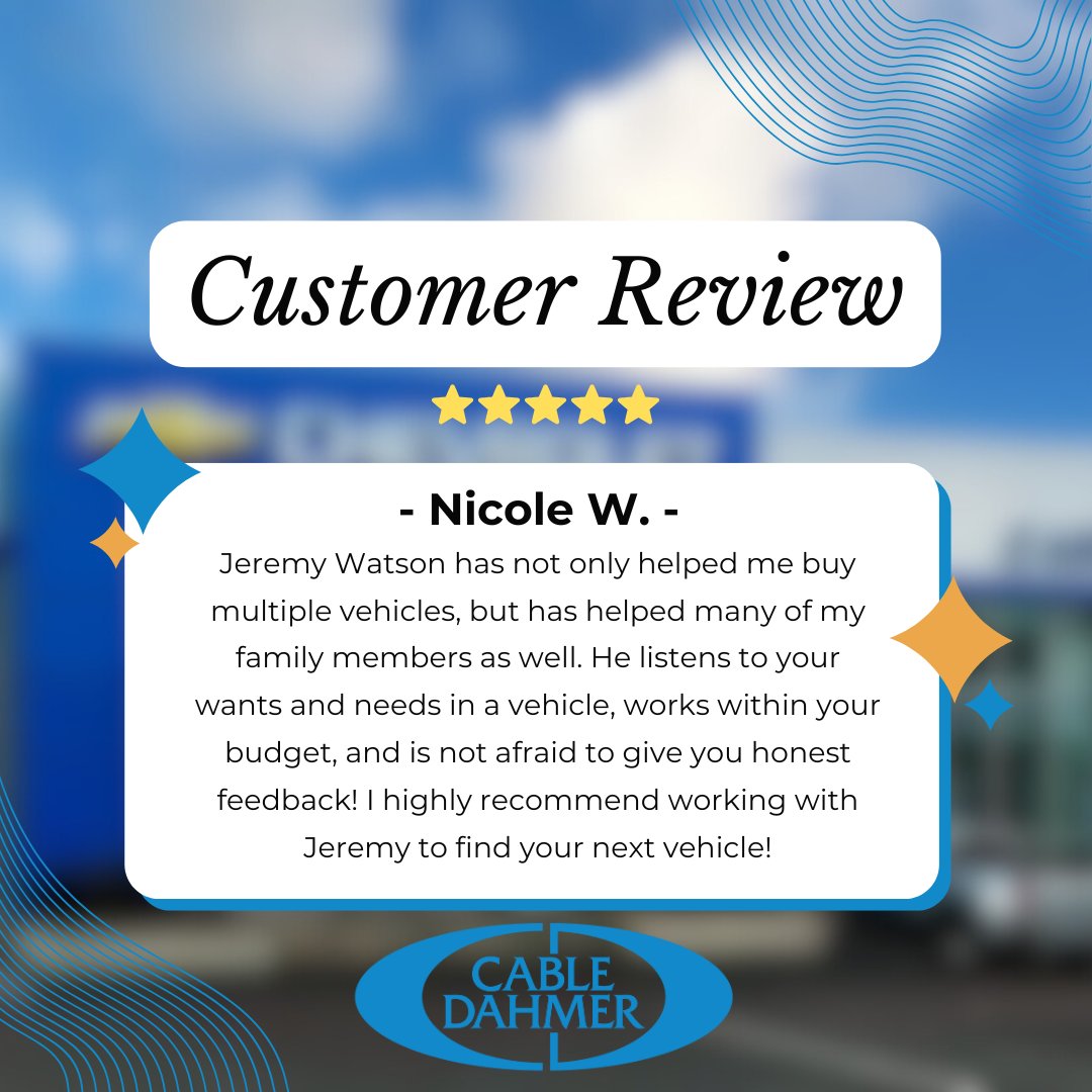 Thank you, Nicole, for the review! 🌟 We're so grateful for your continued trust in Jeremy, and we're thrilled to hear he’s helped you and your family find the perfect vehicles! We can’t wait to serve you again! 🚗💙 
#CableDahmer #Chevrolet #Topeka #CustomerAppreciation
