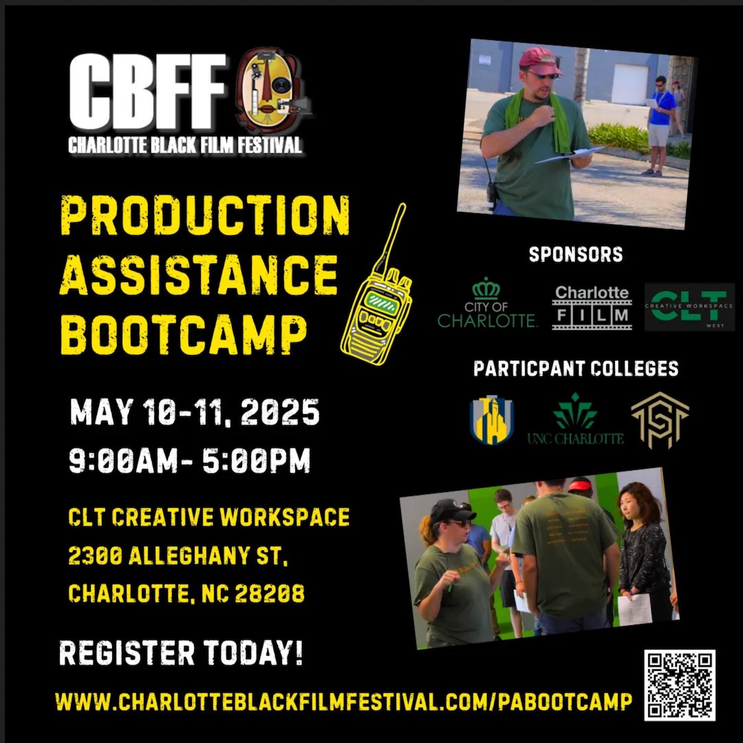 .@TheCBFF P.A. Bootcamp, co-sponsored by <a href="/CharlotteFilm/">Charlotte Film</a>, is accepting registrations for a 2-day work training program in Charlotte for entry level set and office production assistants. Deadline April 27.
🎬 More Info: bit.ly/444gW06