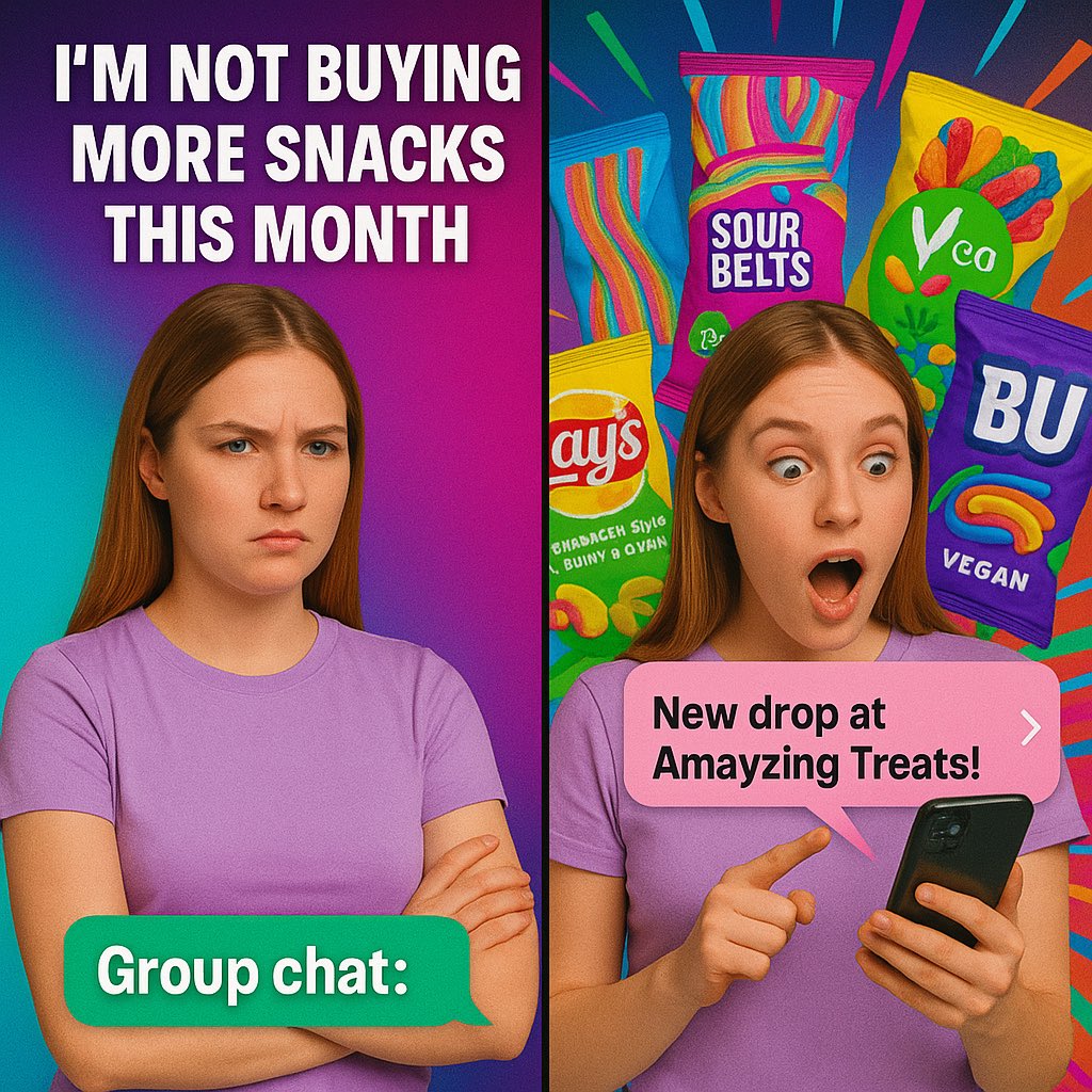 AmayzingTreats's tweet image. Me: “I’m not buying more snacks this month.”
Group chat: sends link to Amayzing Treats’ new drop
Me: “…So anyway, I bought more snacks.”
#SendHelpOrSnacks #SweetTooth #SnackGoals #AmayzingTreats