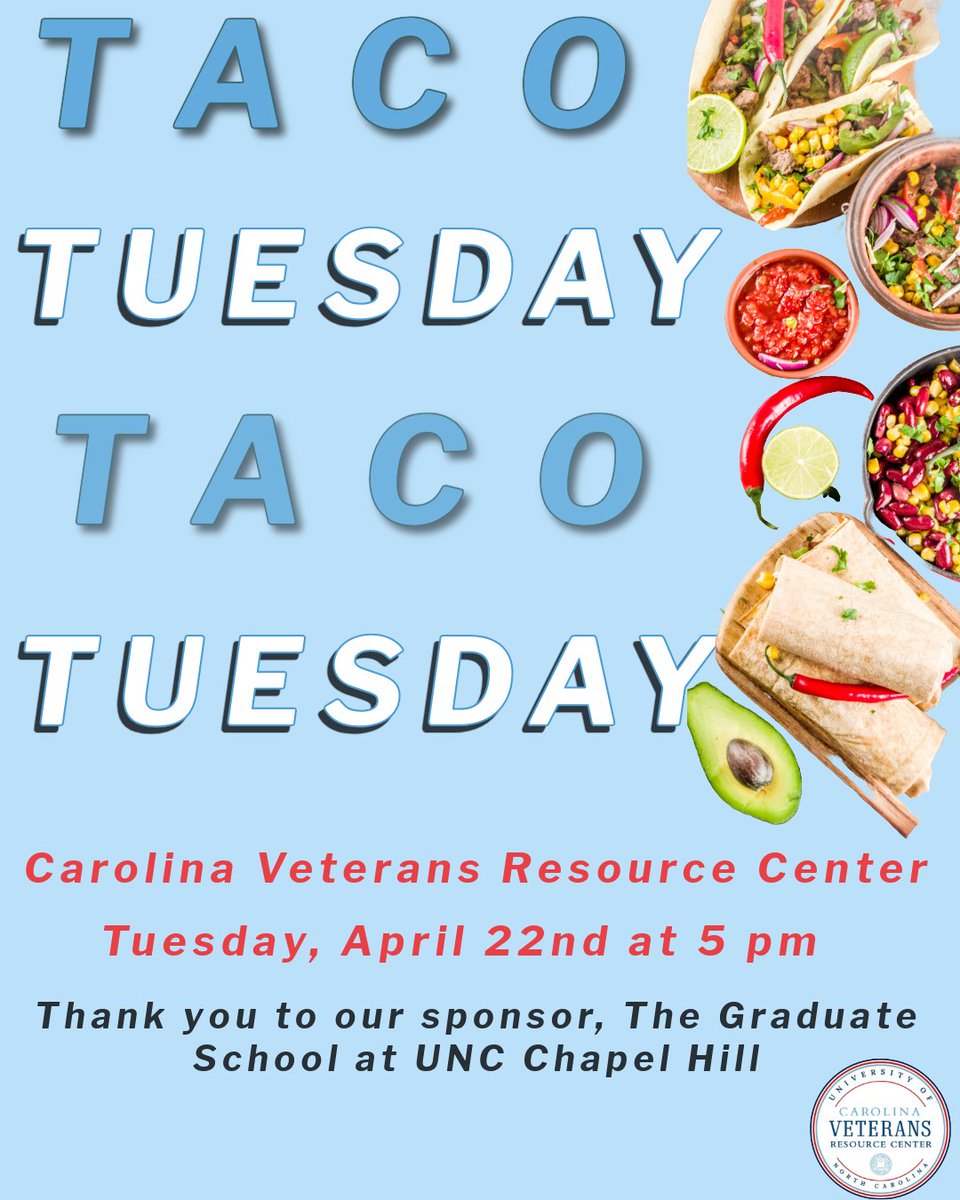 UNC_MVSS's tweet image. Join CVRC for the last Taco Tuesday of the Spring 2025 semester. Feel free to join us at the CVRC at 5 pm! Thank you to The Graduate School for sponsoring this event!
#tacotuesday #CVRC #studentvets