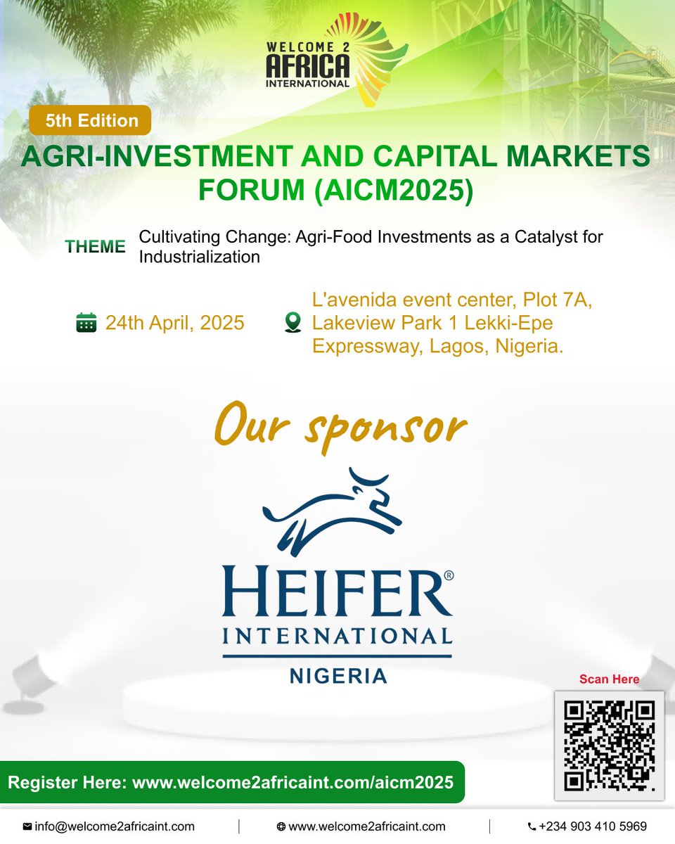 We’re proud to have <a href="/Heifer/">Heifer International</a> International Nigeria as the official sponsor of #AICM2025. 

Their mission to end hunger &amp; empower agri-livelihoods aligns with our vision for Africa’s agri-food sector.

🔗 welcome2africaint.com/aicm2025

#Welcome2Africa 

#HeiferInternational #Agribusiness