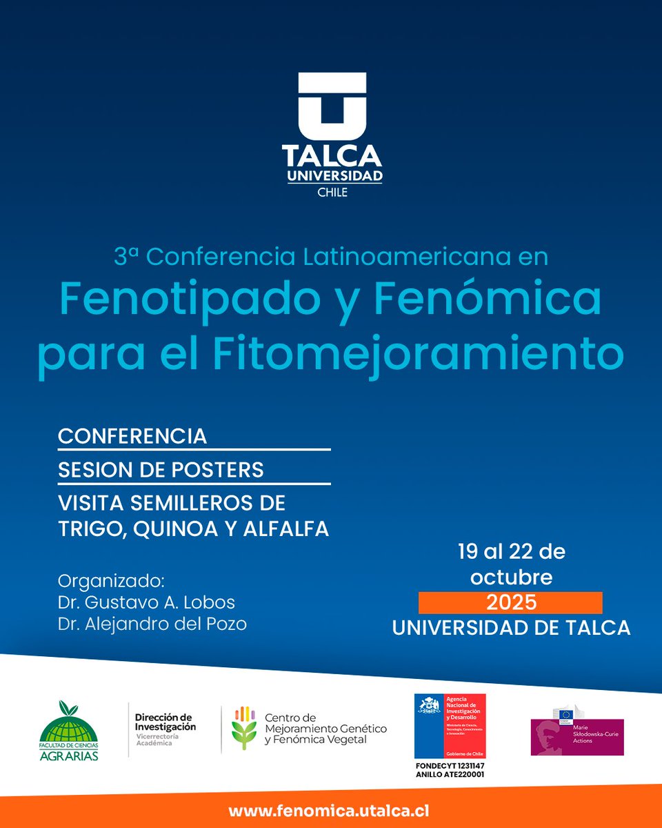 DIUtalca's tweet photo. Vía @agrariasutalca 
¡Se viene un gran evento para la agricultura y la ciencia!   
 La 3ª Conferencia Latinoamericana en Fenotipado y Fenómica para el Fitomejoramiento llega a la @UTalca   del 19 al 22 de octubre. 
📍 Inscripciones abiertas en https://t.co/gPNzPnGthX https://t.co/DrUDT1tvon