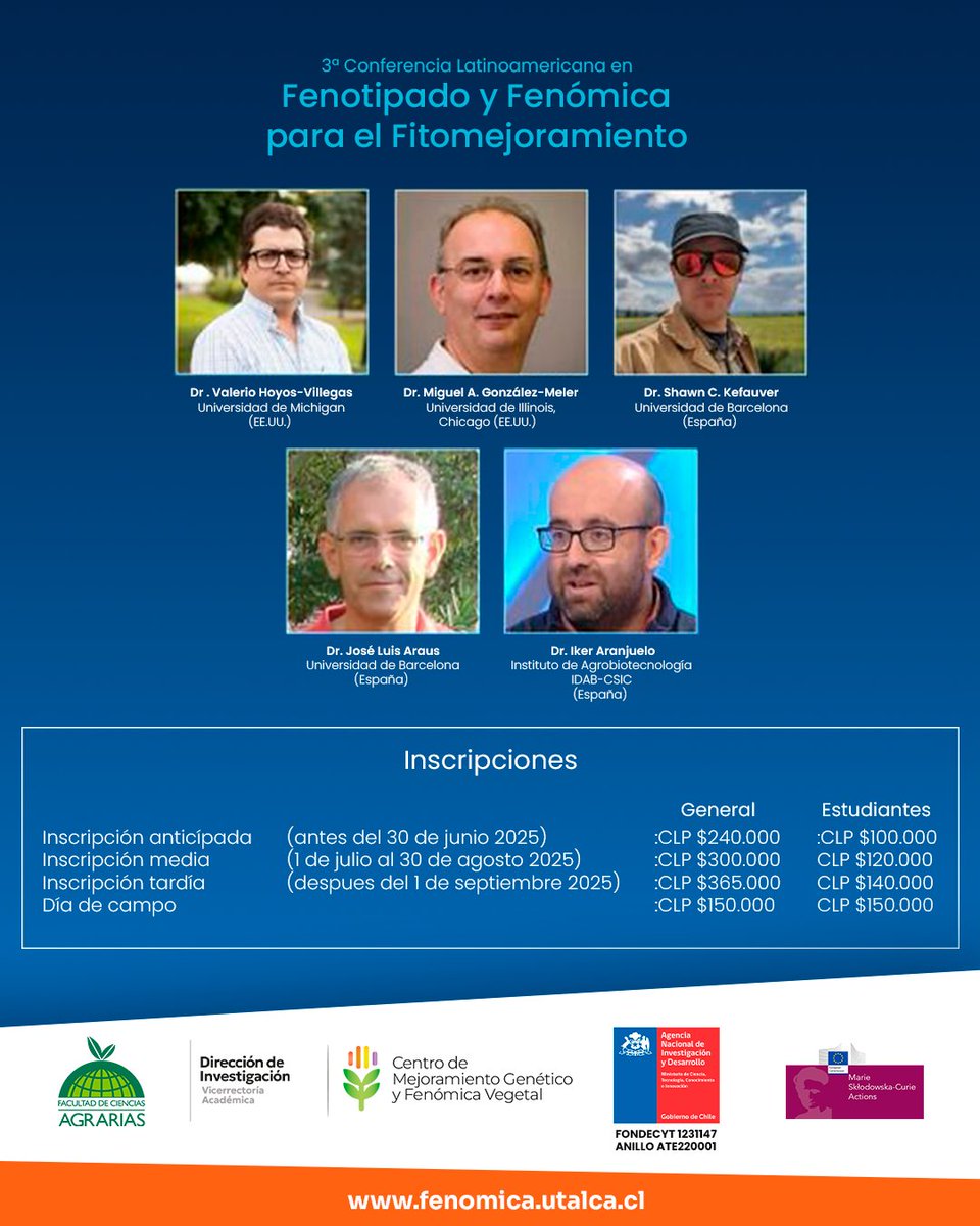 Vía <a href="/agrariasutalca/">Ciencias Agrarias UTalca</a> 
¡Se viene un gran evento para la agricultura y la ciencia!   
 La 3ª Conferencia Latinoamericana en Fenotipado y Fenómica para el Fitomejoramiento llega a la <a href="/UTalca/">Universidad de Talca</a>   del 19 al 22 de octubre. 
📍 Inscripciones abiertas en fenomica.utalca.cl