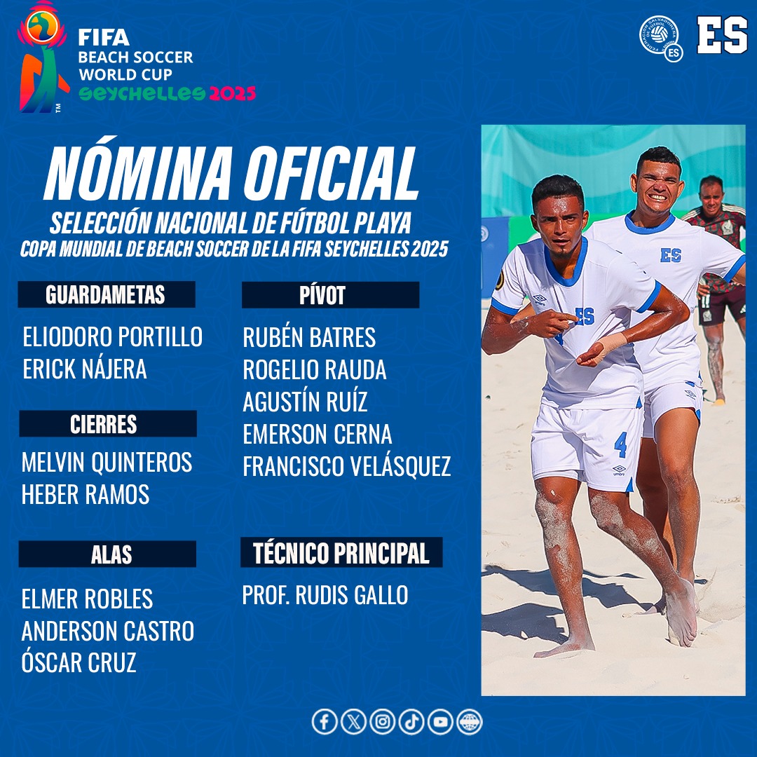 🌊💪🏻 ¡Nómina oficial de la Selección Nacional de Fútbol Playa!  

🏆 Rumbo a la Copa Mundial de la FIFA Seychelles 2025 🔥

¡Vamos Guerreros, a dejar en alto el nombre de nuestro país! 

#LaSelecta #LaSelectaDePlaya #Mundialistas
#OrgulloNacional