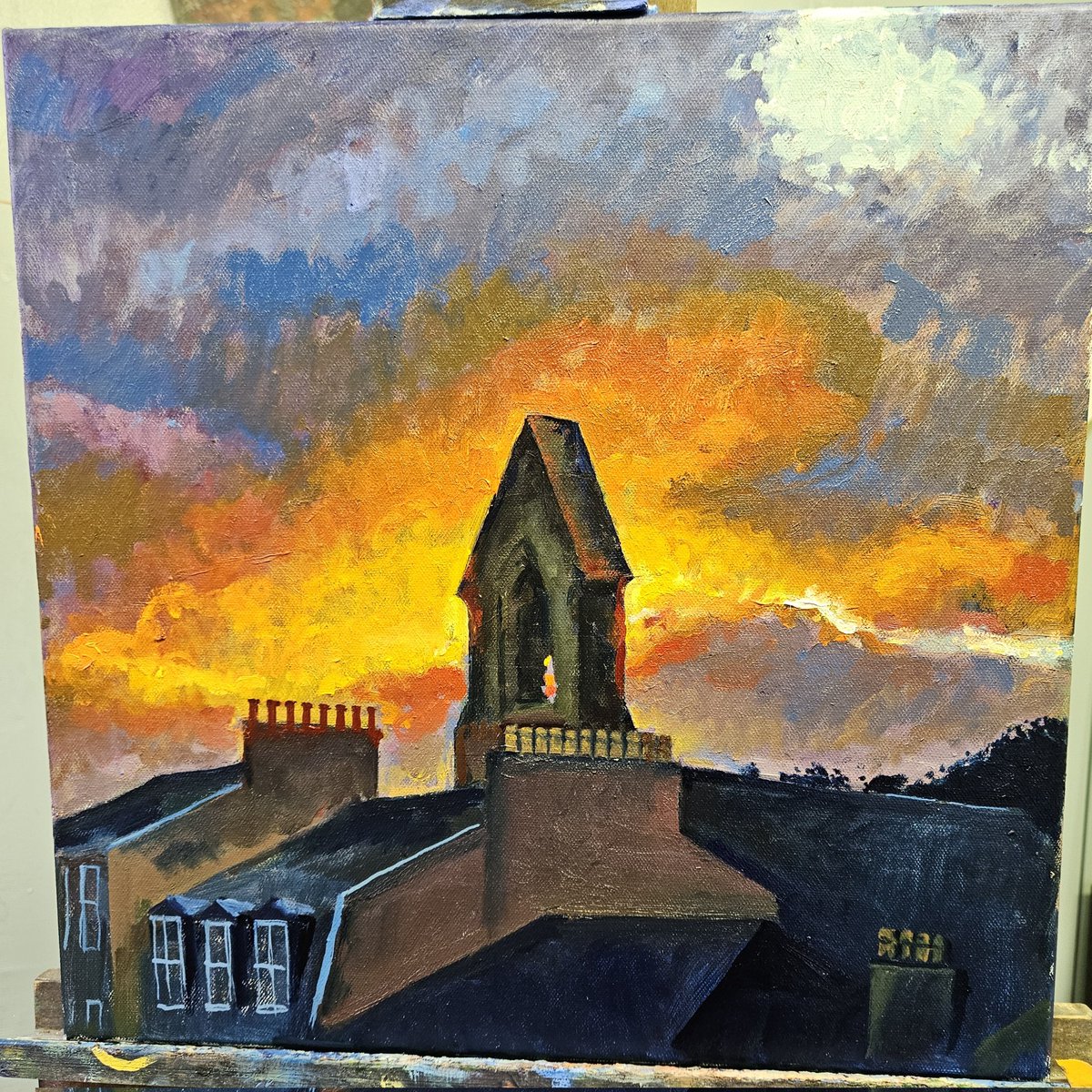 On my easel just now and as yet unfinished. I liked how a fire in the sky connected to the relief relief sculpture at the front door. Nec Tamen Consumebatur. Thanks to Gordon Hugh Lundie for bringing some attention to the current state of this fine old landmark.