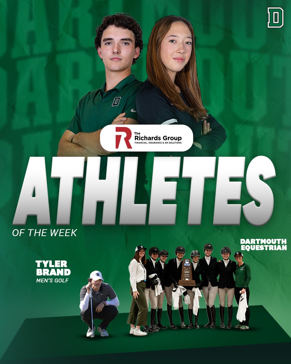 Dartmouth Athletics (@dartmouthsports) on Twitter photo 📰| <a href="/DartmouthD1Eq/">Dartmouth Equestrian</a> and Tyler Brand of <a href="/DartmouthMG/">Dartmouth Men's Golf</a> earn The Richards Group Athletes of the Week honors
📰: dartsports.co/3GfRTNP
#GoBigGreen | #TheWoods🌲 📰| <a href="/DartmouthD1Eq/">Dartmouth Equestrian</a> and Tyler Brand of <a href="/DartmouthMG/">Dartmouth Men's Golf</a> earn The Richards Group Athletes of the Week honors
📰: dartsports.co/3GfRTNP
#GoBigGreen | #TheWoods🌲