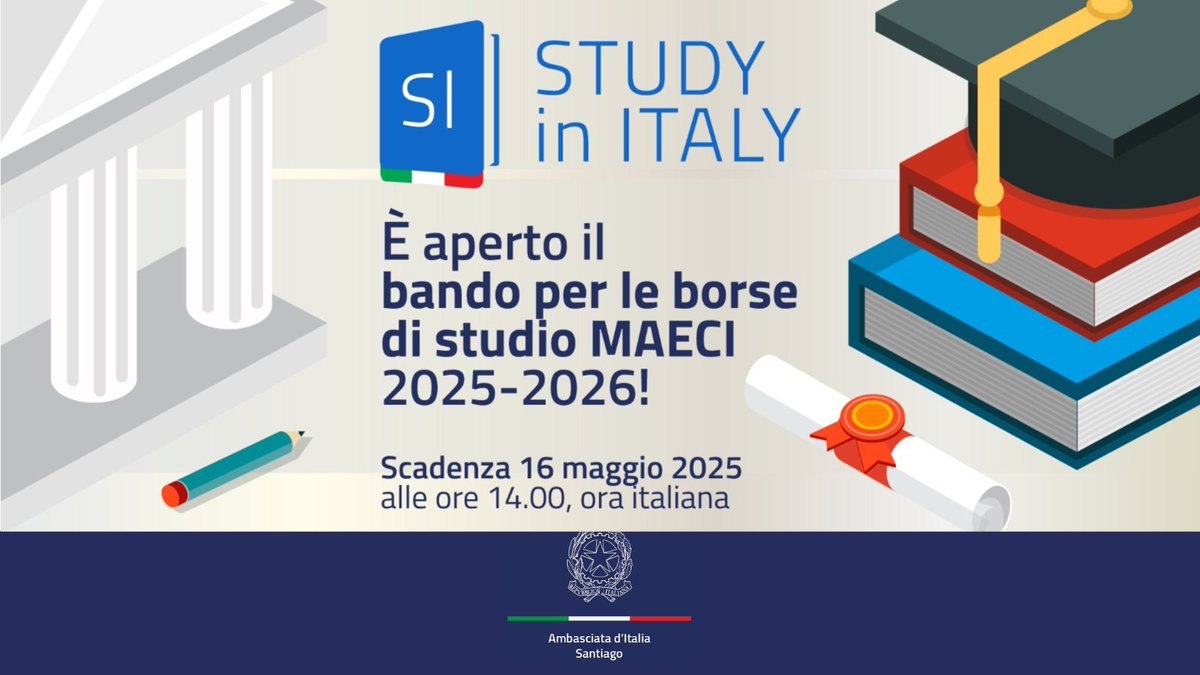 📢 En línea la convocatoria de #Farnesina de becas para estudiantes residentes en el extranjero que deseen realizar programas de estudio, formación o investigación en instituciones 🇮🇹 para el período 2025-2026
⏰ Plazo: 16 de mayo de 2025.
Convocatoria en studyinitaly.esteri.it