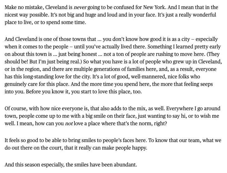 Sam Allard (@scenesallard) on Twitter photo Jarrett Allen with one of the warmest and most perceptive takes I've read on Cleveland and Clevelanders in <a href="/PlayersTribune/">The Players’ Tribune</a>
"...the smiles have been abundant." theplayerstribune.com/jarrett-allen-… Jarrett Allen with one of the warmest and most perceptive takes I've read on Cleveland and Clevelanders in <a href="/PlayersTribune/">The Players’ Tribune</a>
"...the smiles have been abundant." theplayerstribune.com/jarrett-allen-…