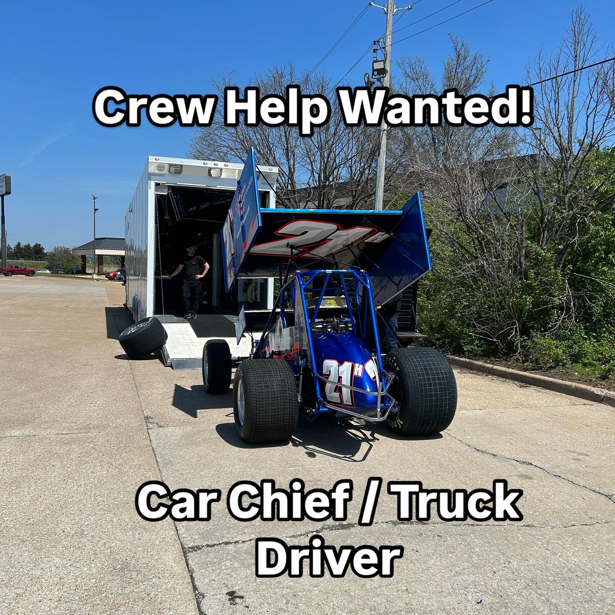 Crew Help Needed

Looking for crew help for the summer for the TKH Motorsports 21H. We will be running many marquee sprint car events like the High Bank Nationals, Kings Royal, and Knoxville Nationals. 

Looking to fill car chief position. Must have experience working on sprint