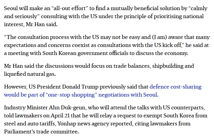 🇺🇸🇰🇷 Straits Times: The US &amp; South Korea will hold trade talks in Washington this week at the US's suggestion. Ministers will meet during IMF/World Bank spring meetings. South Korea aims to discuss lowering the 25% "reciprocal" tariff previously proposed by President Trump.