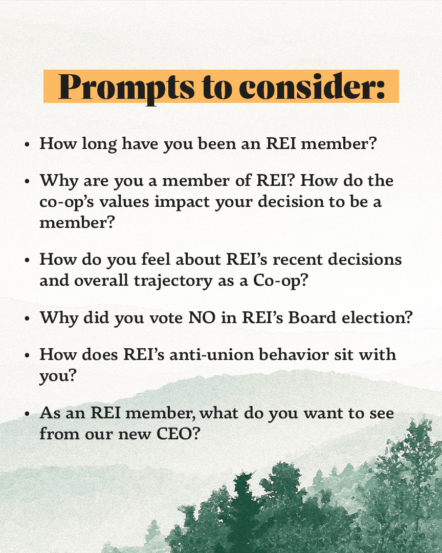 reiunion's tweet photo. We need you to give REI a piece of your mind: write a letter to Mary Beth Laughton, REI’s new CEO! Mary Beth’s first official day was the other week, and she acted quickly to take back REI’s problematic endorsement of Doug Burgum.

More below 🧵👇 https://t.co/DgpBAOz5Qh