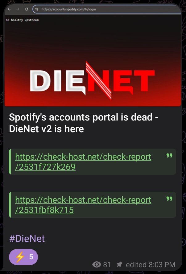 We, the DieNet team, took down Spotify's server and accounts an hour ago, so people are having trouble with Spotify. This attack was a protest. We did the same attack hours ago on the Internet Archive and Reddit.
#DieNet
dienet-cc.github.io/public_html/