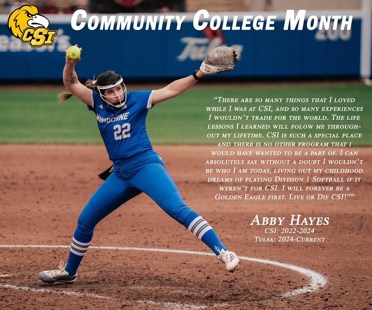 CSIAthletics1's tweet image. In honor of Community College Month, today we hear from Abby Hayes! The former CSI Softball player is now finding success at the University of Tulsa. 🦅