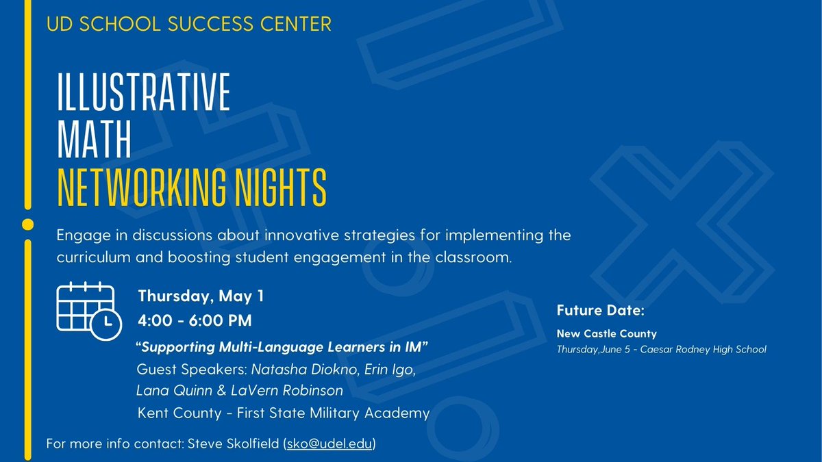 📣 Math Educators, join us on May 1 for IM Networking Night in New Castle County—your space to connect &amp; collaborate! Our topic is "Supporting Multi-Language Learners in IM." Let’s dive into strategies that elevate learning for all students. Come ready to be inspired.#UD_SSC