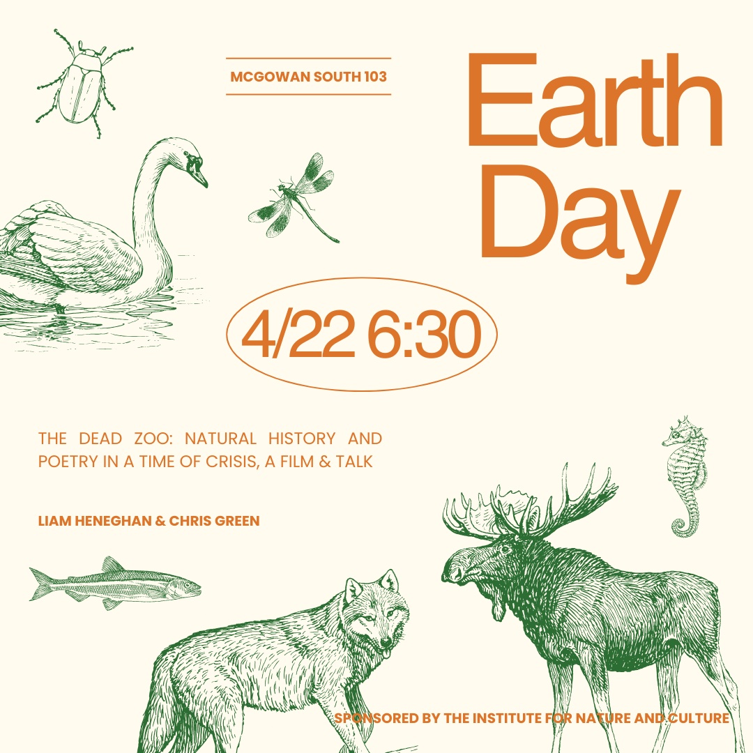 Tomorrow (April 22), join us for "The Dead Zoo: Natural History and Poetry in a Time of Crisis" with Profs. Chris Solís Green and Liam Heneghan! This Earth Day event will include a film and discussion in McGowan South (2325 N. Clifton Ave.), Rm. 103, and will start at 6:30 PM.