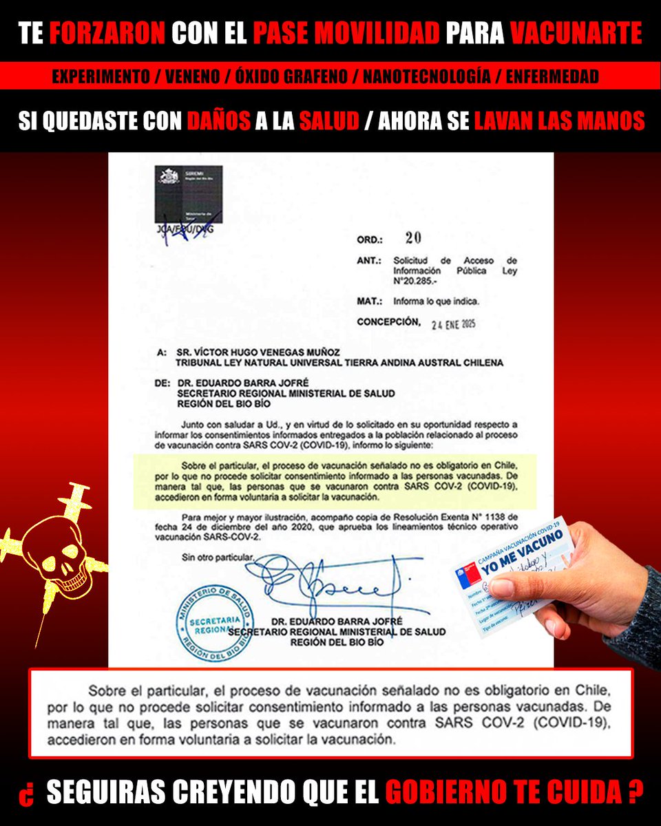 Afectados_chile's tweet photo. 🟥🫨 A LO PILATOS Ministerio de Salud Chile / Seremi salud BIO BIO  : " Las personas que se vacunaron accedieron de forma voluntaria a solicitar la vacunación ( COVID ) 💉💀"

Documento ley transparencia.

#Afectadoschile @tvc_chile
https://t.co/JxB1wRJmXx https://t.co/c7xDO80O3E