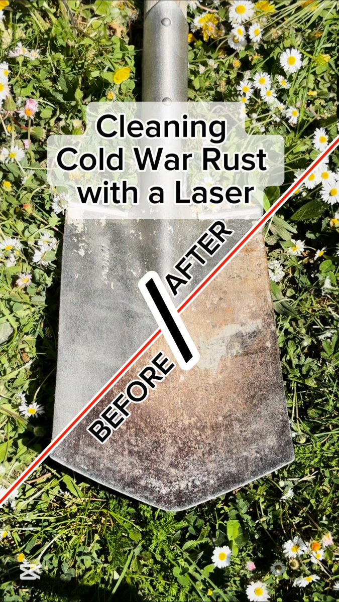 LaserKlar's tweet photo. I discovered this rusty shovel in an old storage room – turns out, it once belonged to a worker from East Berlin, before the wall fell.

Over 40 years of rust had hidden its surface, but not its story.

Using my laser cleaner, I brought this historical piece back to life. https://t.co/9R906Omh40