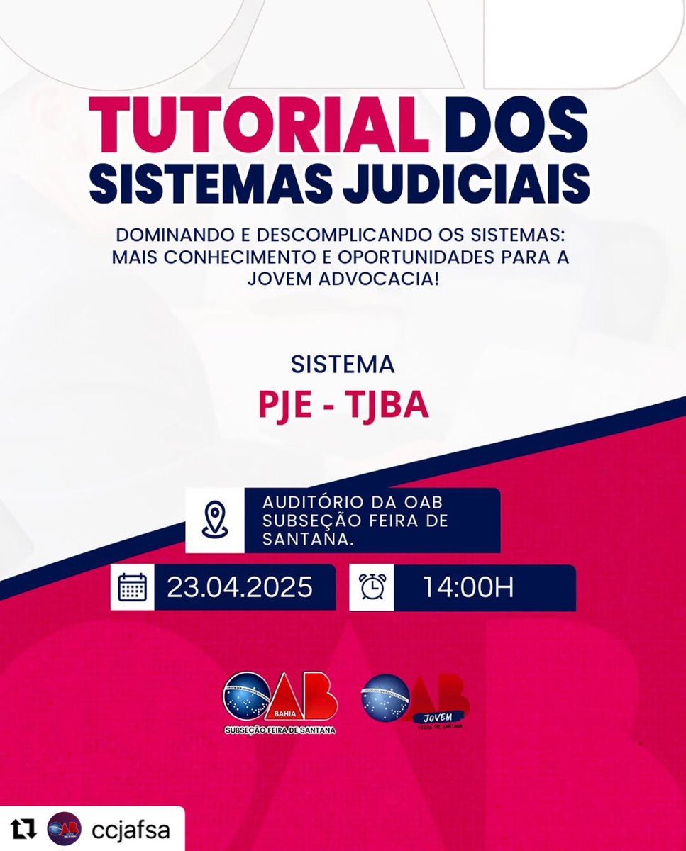 oabfeira's tweet photo. #Repost @ccjafsa with @use.repost
・・・
📢 Atenção, jovem advocacia! 📢

Dominar os sistemas judiciais é essencial para uma atuação eficiente na advocacia. A tecnologia avança, e estar atualizado com as ferramentas digitais do Judiciário pode fazer (…) https://t.co/x0HrE6pT2z