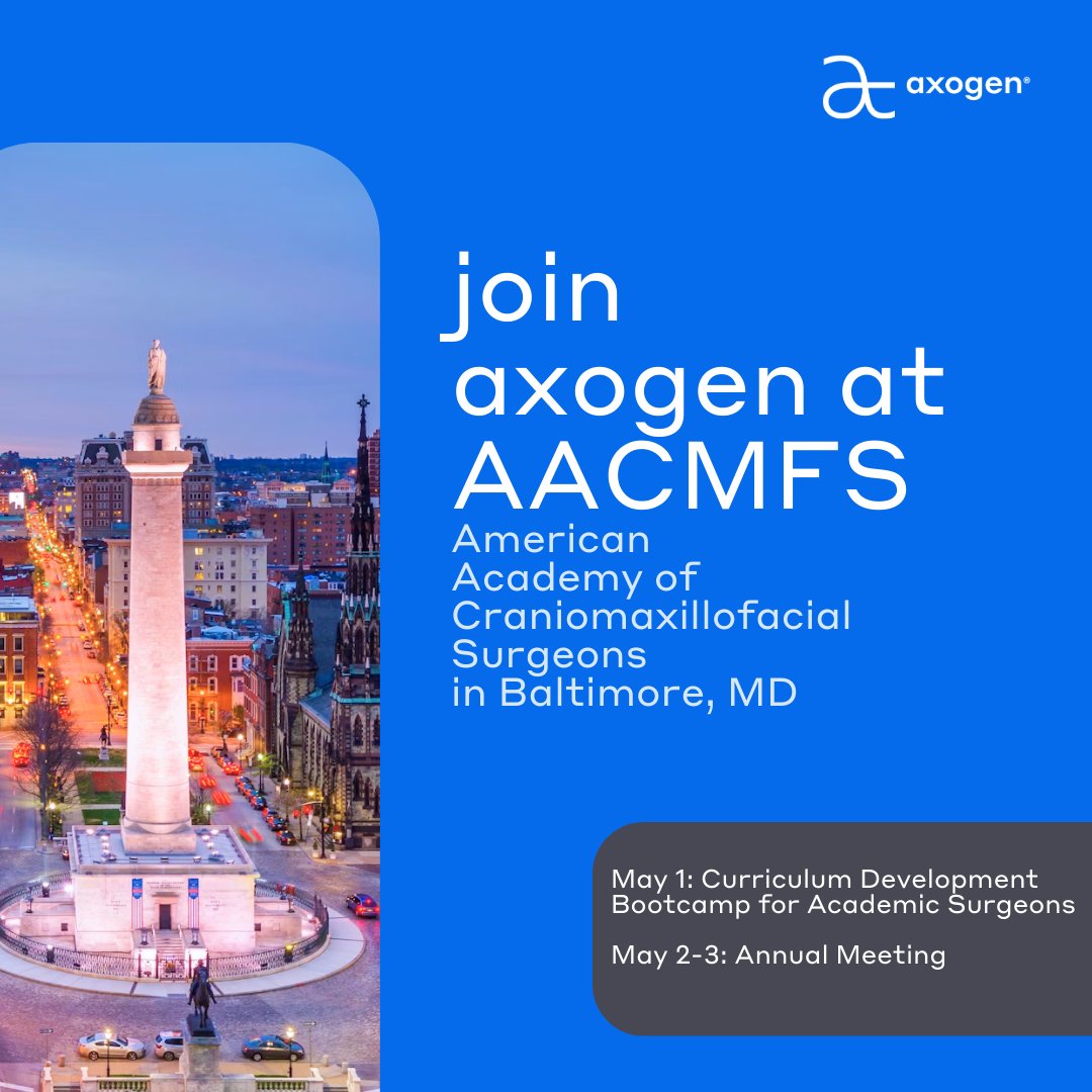 axogen's tweet image. Oral and maxillofacial surgeons may encounter nerve deficits with myriad causes, including dentoalveolar surgery and tumor resection. Join Axogen at AACMFS  April 30 – May 4 in Baltimore to discuss with our nerve experts.